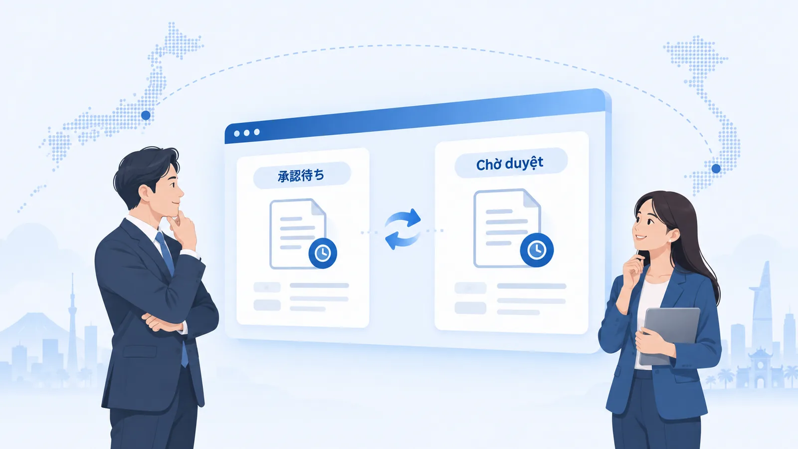日本人管理者とベトナム人スタッフが、同じ承認待ちの文書をそれぞれ日本語とベトナム語の画面で確認しているイメージ