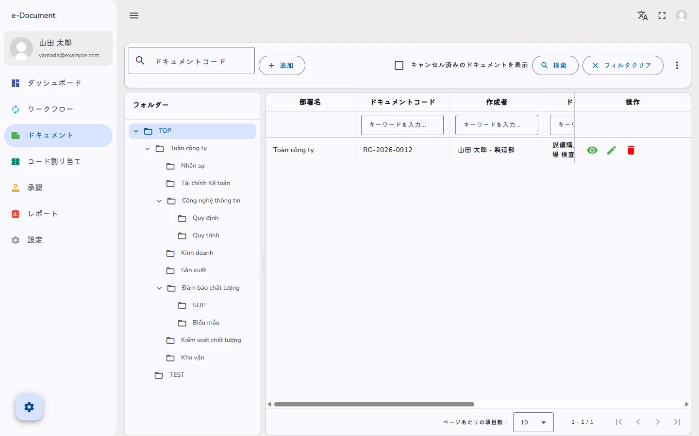 The document list screen, with a folder tree by department on the left and a list of document code, author, effective date, version and status on the right