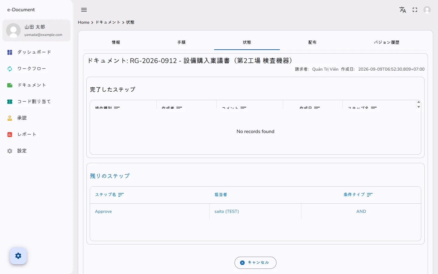 The document status tab, showing completed and remaining steps with the person in charge and the condition type